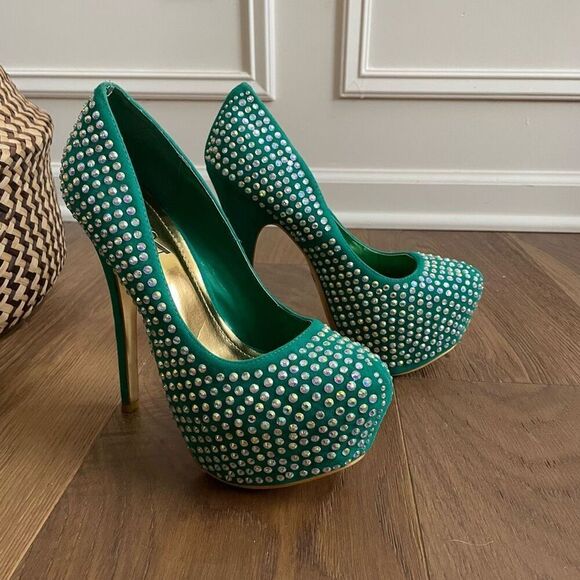 Alba Green Iridescent Rhinestone Bling Stiletto Platform Pleaser Heels 7.5 - Picture 2 of 10